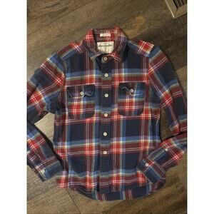 Boys Abercrombie Kids Large Muscle Plaid Flannel Button Up Shirt Blue Red